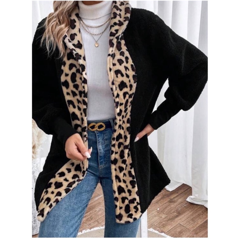 Plus Cozy Black Leopard Print Teddy Open Front Jacket Coat 1X 2X 3X 4X